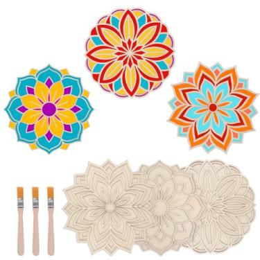 Imagem de HICOHAND Conjunto de arte de areia mandala de madeira, 3 peças de estênceis florais indianos rangoli mandala de madeira DIY artesanato para decoração de casa de festival tradicional indiano