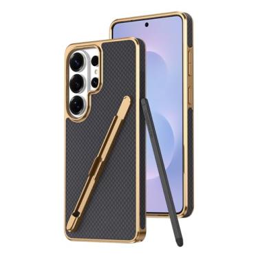Imagem de LYJSMGZ Capa galvanizada para Samsung Galaxy S25 Ultra/S25 Plus/S25, capa de textura de fibra de carbono com caneta e compartimento para caneta capa ultrafina à prova de choque, preta, S25