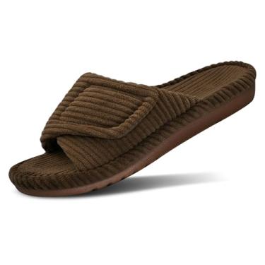Imagem de MAJOALLURE Chinelos ortopédicos femininos ajustáveis com suporte de arco bico aberto, veludo cotelê, sapatos para quarto, ambientes internos e externos, Café, 36