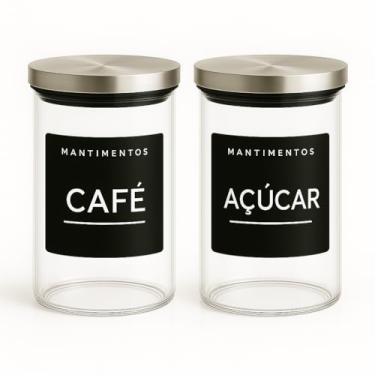 Imagem de Kit 2 Potes Hermético Com Tampa De Inox Vidro Transparente 1,3 Litros 10x20cm Com Etiquetas De Açúcar E Café 2 Peças