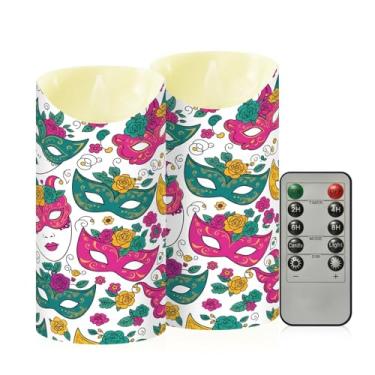 Imagem de Wassud Pacote com 2 máscaras coloridas de carnaval velas sem chama com controle remoto, velas realistas cintilantes com temporizador, velas decorativas para Natal, casamento, festa, decoração de casa