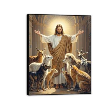 Imagem de Arte de parede em tela de leão e cordeiro, pintura religiosa de cordeiro, a luz de Jesus brilha nos animais impressão pintura decoração de casa para igreja sala de estar 80 x 60 cm (32 x 24 polegadas