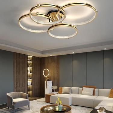 Imagem de Luminária de teto LED moderna, redonda, para sala de estar, com intensidade regulável, em metal acrílico com cristais 9K e controle remoto, ideal para quarto e sala de estar (4 anéis (40+40+