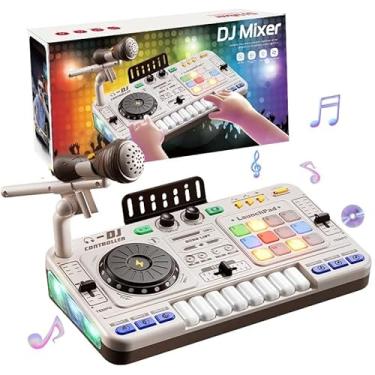 Imagem de Brinquedo Eletrônico Infantil Mesa de DJ com Microfone, Piano e Luzes LED, Mixer Controlador DJ, Efeitos Sonoros e Música, Instrumento Musical Educativo, Presente de Aniversário para Crianças (Branco)