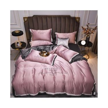 Imagem de Conjunto de cama King Queen de cetim luxuoso de cor pura, 4 peças, capa de edredom de rayon sedoso macio com zíper (framboesa, tamanho king 4 peças)