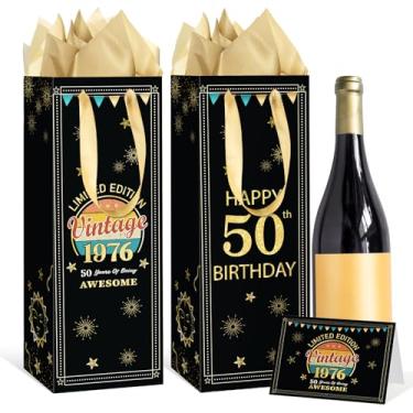 Imagem de Yoirrat Sacos vintage de presente de aniversário de 50 anos para mulheres e homens, sacos de vinho de ouro preto 1976 com papel de embrulho de 50 anos e cartão comemorativo para artigos de festa de
