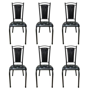 Imagem de Kit 6 Cadeira De Cozinha Tubular Aço Estofada Encosto Junco Flor