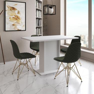 Imagem de Mesa Jantar Londres Tampo Branco 120Cm 4 Cadeiras Base Dourado Estofado Verde