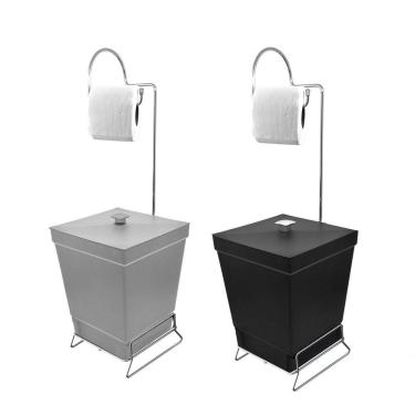 Imagem de Kit 2 Lixeiras Com Suporte De Papel Higiênico - Stolf Preto + Cinza