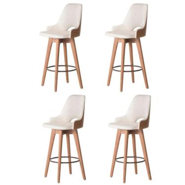 Imagem de Kit 04 Banquetas Alta Giratória Com Encosto Lary Para Cozinha Composê Sintético Nozes E Linho Bege - Aurora Line