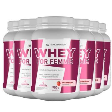 Imagem de 6X Whey For Femme + Colageno Hidrolisado 900G Morango Hf - Hf Suplemen