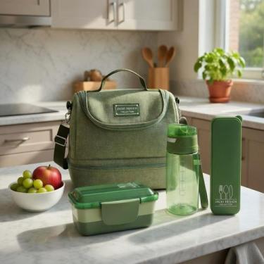 Imagem de Kit Bolsa Térmica Lancheira Marmita 2 Divisórias Garrafa Squeeze Água 
