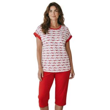 Imagem de Pijama Feminino Pescador Senhora Manga Curta Bermuda - Sem marca, Verm