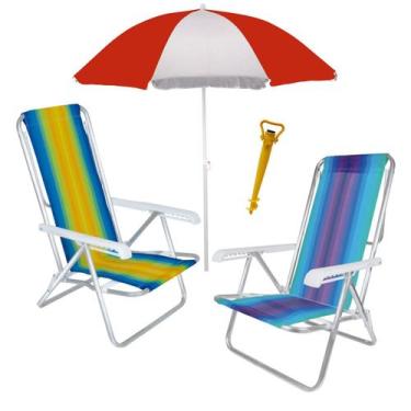 Imagem de Kit Praia 2 Cadeira Reclinável 8 Posições Alumínio + Guarda Sol 1,8m +