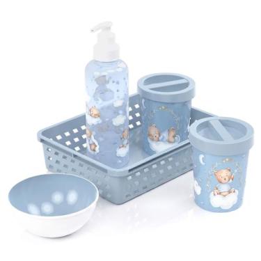 Imagem de Kit Higiene Completo Banho Do Bebê 5 Itens Urso Azul Cesta Dispenser P