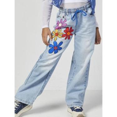 Imagem de Calça Jeans Estampada Wide Leg Infantil Mylu, 8, Jeans