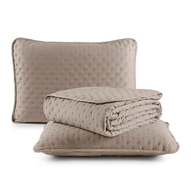 Imagem de Kit Cobre Leito Colcha Queen 3 Peças Matelado Dots Dupla Face 300 Fios Com Porta Travesseiro (Cáqui)