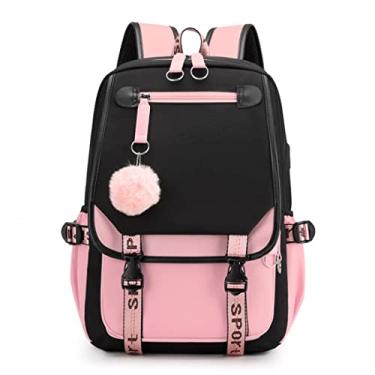 Imagem de Mochila escolar para meninas adolescentes 20 litros impermeável mochila para meninas com bloqueio de cor para adolescentes, Preto + rosa, Large, Viajar