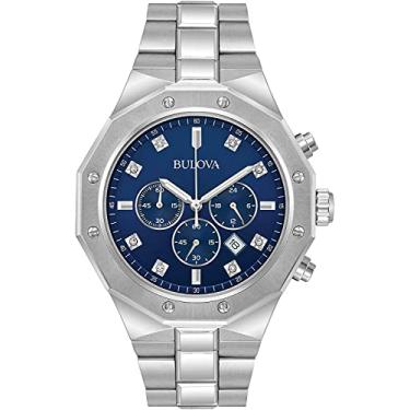 Imagem de Bulova Relógio masculino clássico de quartzo, cronógrafo de 6 ponteiros, data do calendário, marcadores luminosos, resistente à água até 100 m, 44 mm, Mostrador inoxidável/azul, One size, Cronógrafo