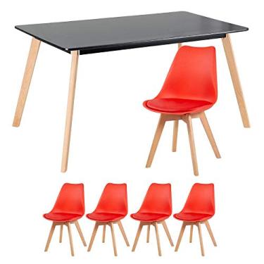 Imagem de Loft7, Mesa de jantar retangular 80 x 140 cm preto + 4 cadeiras Leda vermelho