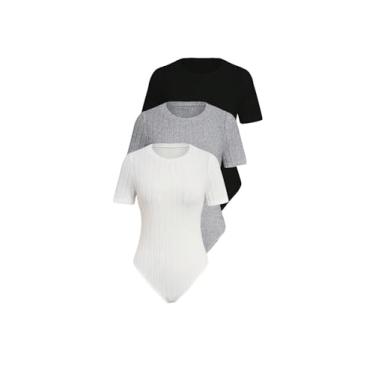 Imagem de Milumia Macacões femininos de malha canelada de 3 peças camisetas de manga curta gola redonda básica macacão, Preto, cinza, branco, Small