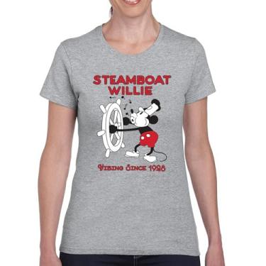 Imagem de Camiseta Steamboat Willie Vibing Since 1928 icônica retrô desenho animado mouse atemporal clássico vintage Vibe camiseta feminina, Cinza, 3G