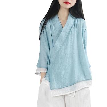 Imagem de Blusas étnicas estilo chinês roupas femininas algodão linho sólido vintage tang terno decote em V blusa solta primavera fina Hanfu, Azul-celeste, Tamanho Único