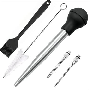 Imagem de Viwehots Turkey Baster, Baster for Cooking, Stainless Steel Turkey Baster Syringe, Baster Turkey Large Silicone Bulb with 2 Marinade Injector Needles and 2 Brush for Cooking Easy Clean Color Black