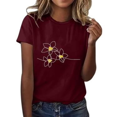 Imagem de Camiseta feminina com estampa floral, gola redonda, manga curta, caimento solto, camisetas casuais de verão, Vinho, GG