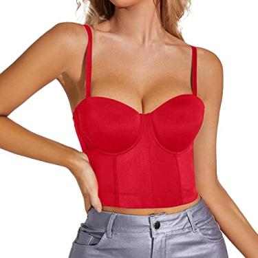 Imagem de Camiseta feminina cropped de verão slim fit sexy sem mangas alças finas camiseta de festa cor sólida, Vermelho, P