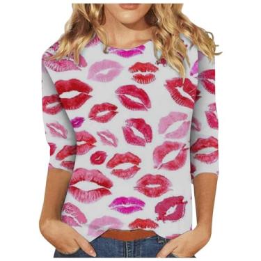 Imagem de Moletons femininos para o Dia dos Namorados Love Heart Graphic Tees Camiseta Slim Fit Manga 3/4 Raglans Tops, Vinho #1, G