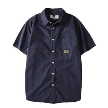 Imagem de Camisa masculina de manga curta com lapela, bolso retrô, fina, de algodão, casual, de verão, Azul, G