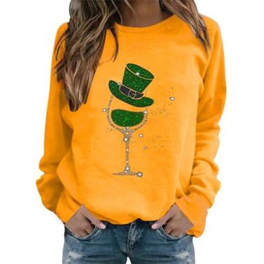 Imagem de Moletom feminino St Patricks Day manga longa verde Lucky Shamrock camisas modernas gola redonda básica, Amarelo, P