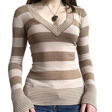 Imagem de Camisetas estampadas para mulheres adolescentes estéticas grunge roupas góticas Y2k camisa de malha básica manga longa top outono, 4 luzes, café, gola V, malha, P