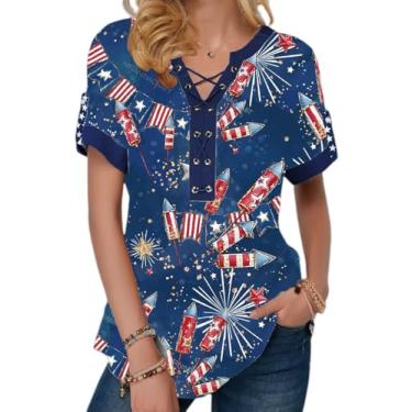 Imagem de Camiseta feminina bandeira americana 4th of July Star Stripes Ring Hole Camisetas EUA manga curta gola V patriótica, Azul escuro 1, G