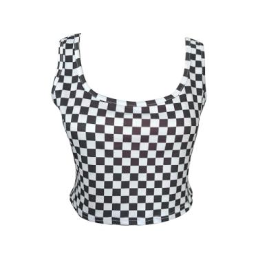 Imagem de WSPLYSPJY Camiseta regata feminina plus size preta e branca com estampa xadrez, Xadrez preto e branco, XXG