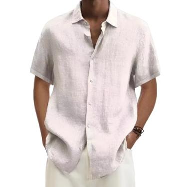Imagem de PEVOSU Camisa social masculina casual abotoada manga curta verão camiseta praia linho textura camisas, Branco, 3G