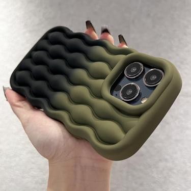 Imagem de Capa de telefone de silicone macio com padrão de onda 3D gradiente colorido para iPhone 11 12 13 14 15 Pro Max capa de bolhas de ar à prova de choque, verde preto, para iPhone 12