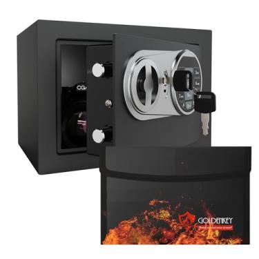 Imagem de Goldenkey Cofre pequeno à prova de fogo para uso doméstico, cofre digital infantil para dinheiro e moedas com chaves e código, mini cofre para casa, hotel, 17 cm P x 23 cm L x 17 cm A, 0,236 m cúbicos