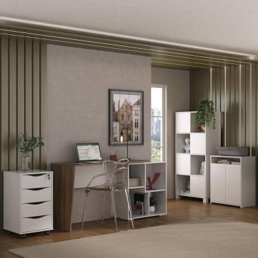 Imagem de Kit 4 Peças com Escrivaninha Moderna, Gaveteiro Bit, Armário com Nichos e Balcão Multiuso 2 Portas Ipê/Branco