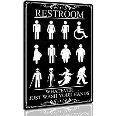 Imagem de Placa engraçada de banheiro Just Wash Your Hands Vintage Metal Aluminum Signs All Genders Witches and Aliens Bathroom Door Sign for Toilet Home Wall Decor 20 x 30 cm