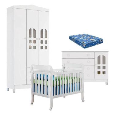Imagem de Quarto De Bebê New Selena 3 Portas Com Berço Lila E Cômoda Gran Selena Branco Brilho E Colchão