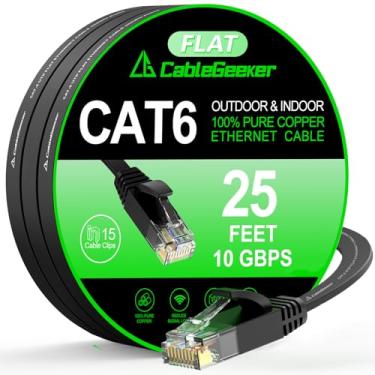 Imagem de Cabo Ethernet Cat 6 de 7,6 m, interno e externo, cabo de rede de Internet plano de alta velocidade de 10 Gbps de 10 Gbps, cabo de rede Ethernet Cat6 longo, cabo LAN para computador com clipes e alças