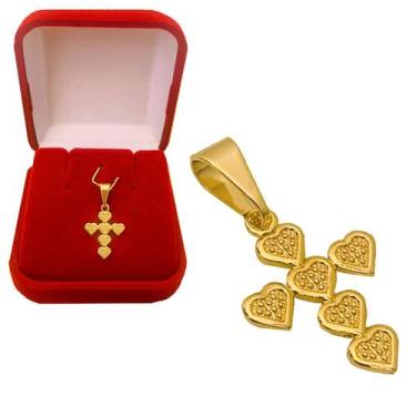 Imagem de Pingente Feminino Cruz Crucifixo Corações Folheada a Ouro 18k Semijoia