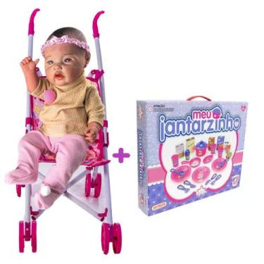 Imagem de Kit Bebe Reborn Menina + Carrinho Dobrável + Meu Jantarzinho - DM Toys