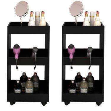 Imagem de Kit 2 Armários Multiuso para Salão Barbearia Seul com Rodízios Preto -