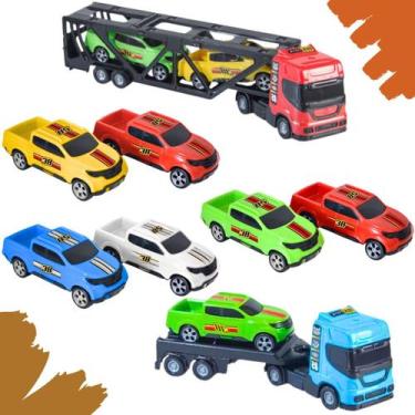 Imagem de Kit 1 Mini Reboque 6 Mini Caminhonete 1 Mini Buzão Criança Brinquedo C