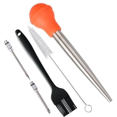 Imagem de Smithcraft Baster de peru laranja, seringa de aço inoxidável 18/8, conjunto de injetor de carne com 2 agulhas e 2 escovas de limpeza, pastor de peru para sabor de carne de aves, carne bovina e frango