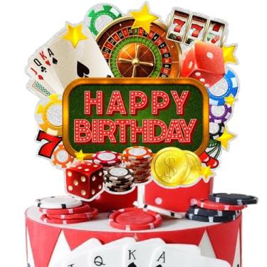 Imagem de Las Vegas Casino Themed Happy Birthday Cake Topper, Poker Dice Chips Decoration Supplies for Men or Women Casino Themed Birthday Party, Casino Party, or Gambling Night Party. SugarGera