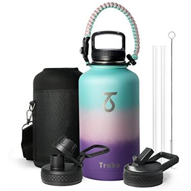 Imagem de Garrafa térmica de água Trebo, grande, alça de paracord, aço inoxidável de parede dupla a vácuo, tampa de bico/canudo/alça, antivazamento, sem BPA, mantém frio/quente, 1,9 L, degradê azul/rosa/roxo